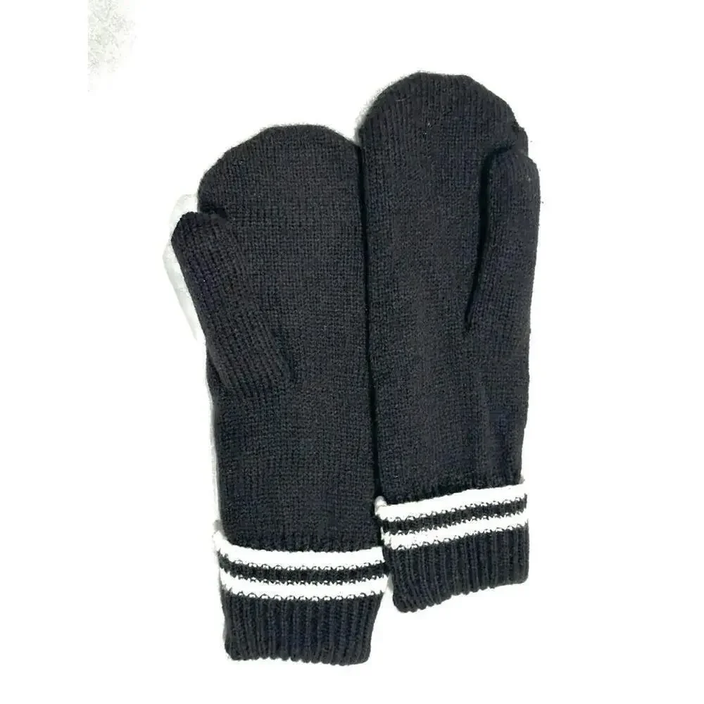 NEW Gertex Womens Knit Mittens Black and White Stipe Soft Lining Warm One Size